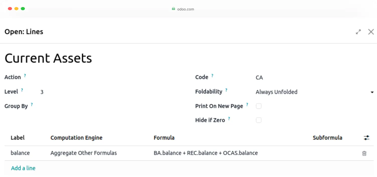 The interface for creating a custom report in Odoo 19