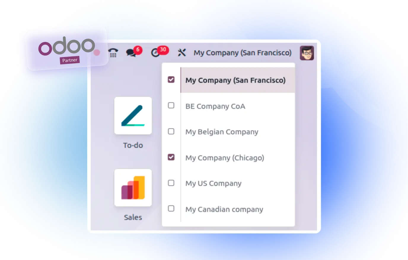 Example of a multi-company setup in Odoo accounting; the user can access two companies