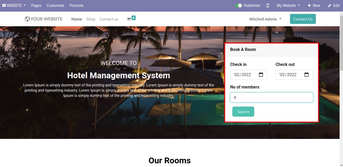 Booking module on hotel website