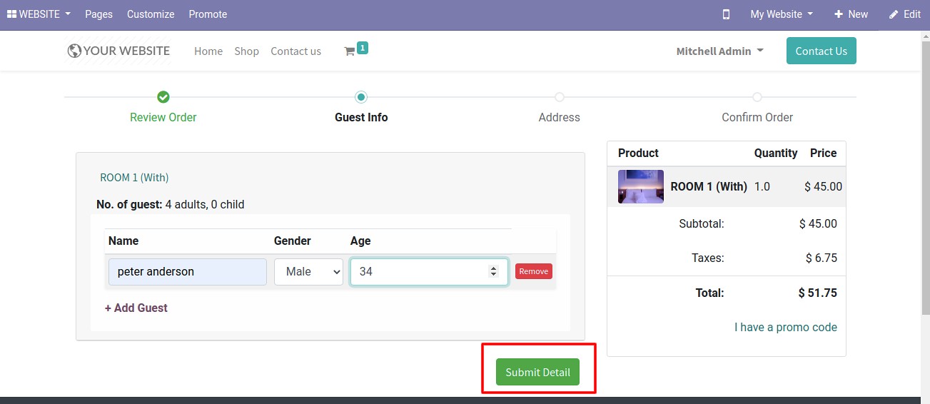 Room booking process in Odoo