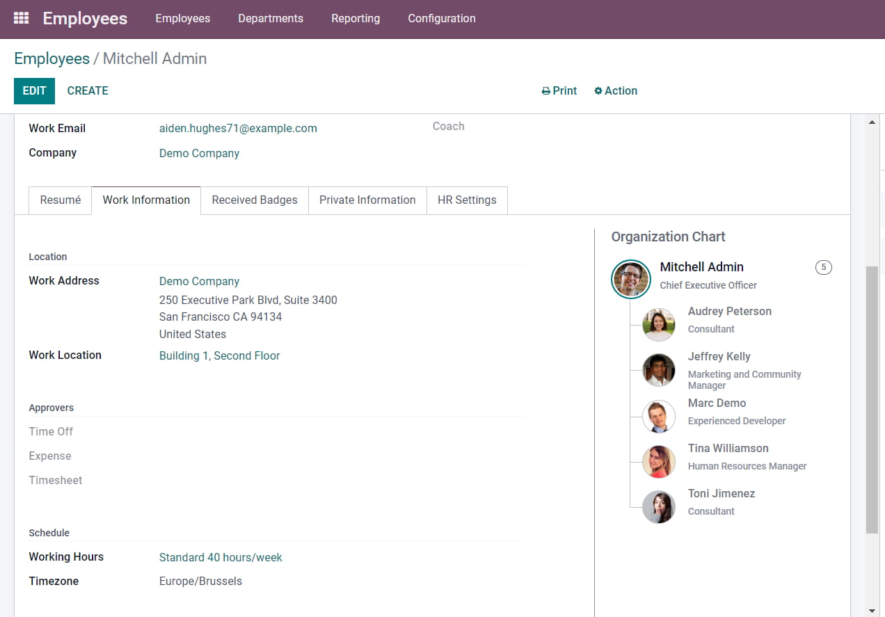 Employee card (work information) in Odoo