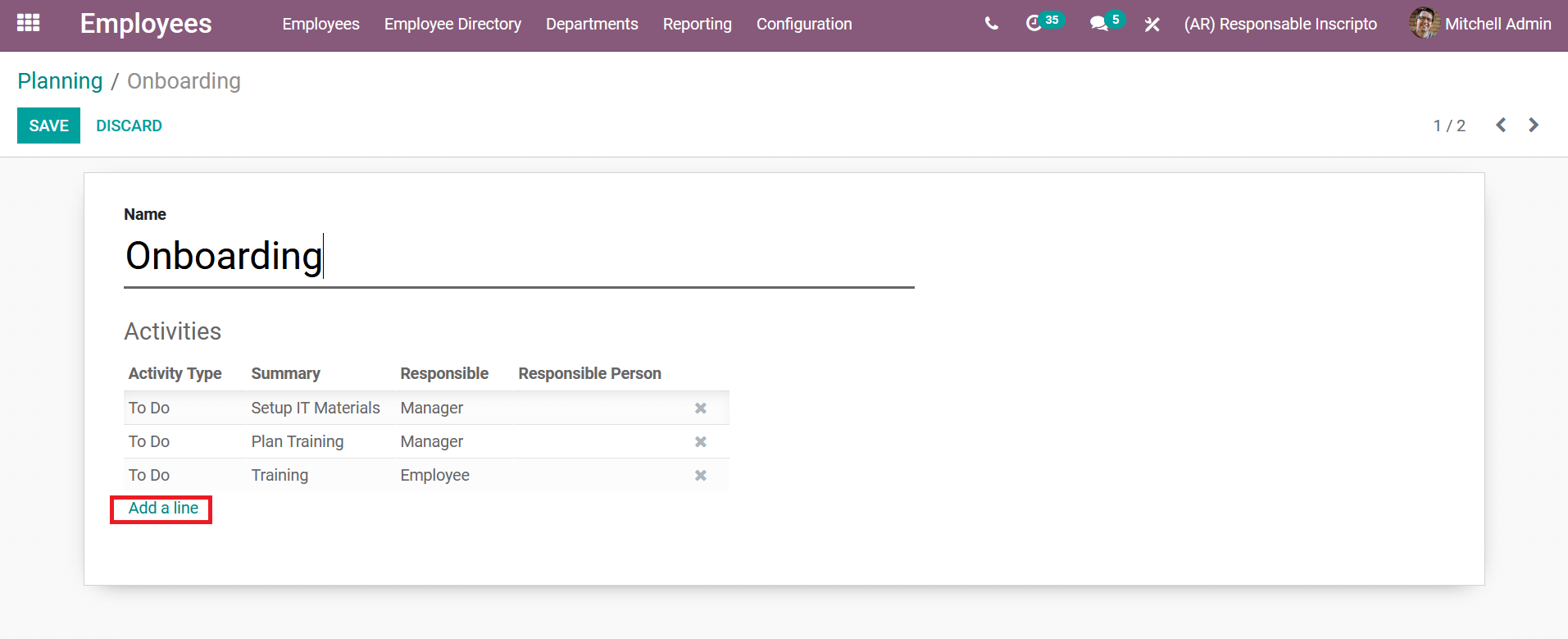 Onboarding planning in Odoo ERP