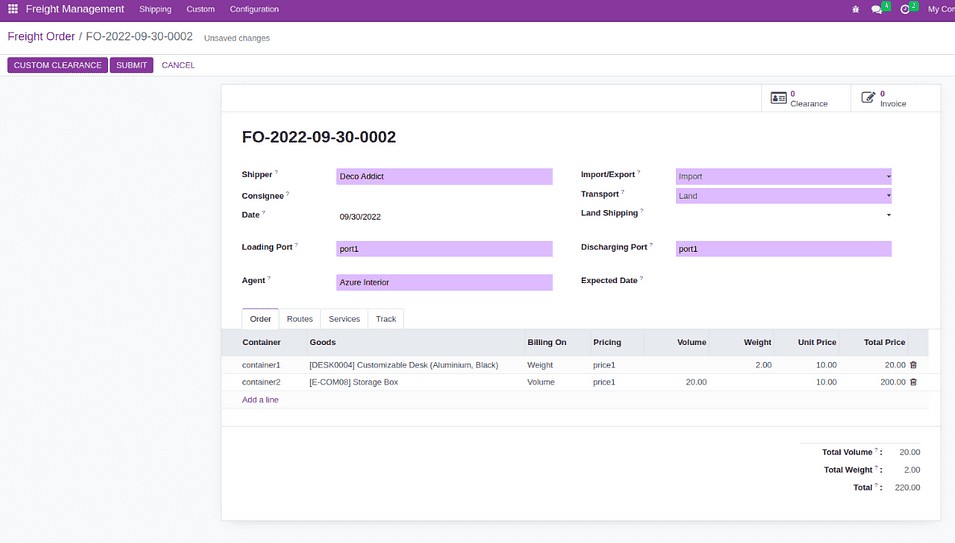 Freight management in Odoo ERP