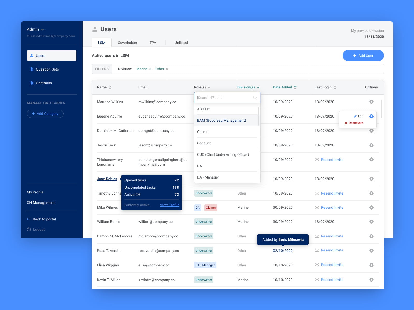 Insurance agency management system dashboard