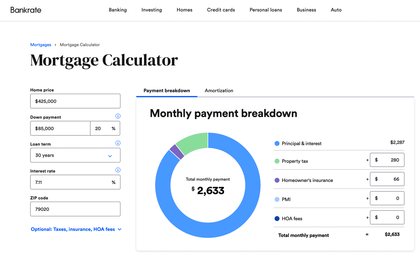 Mortgage calculator web application on Bankrate.com