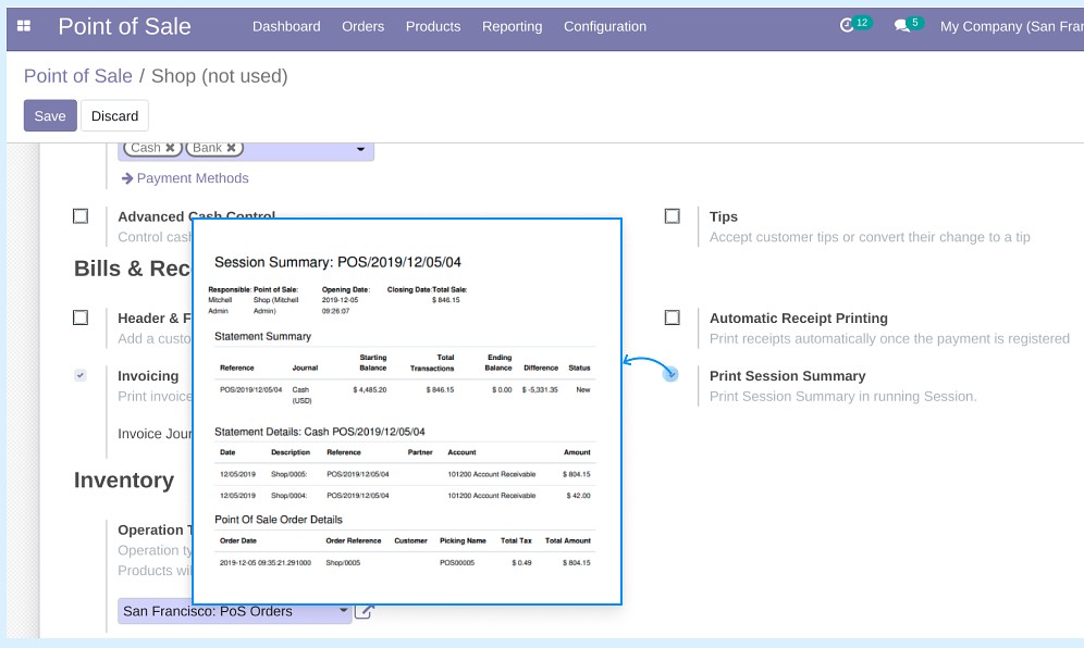 Session report in Odoo Point of Sale