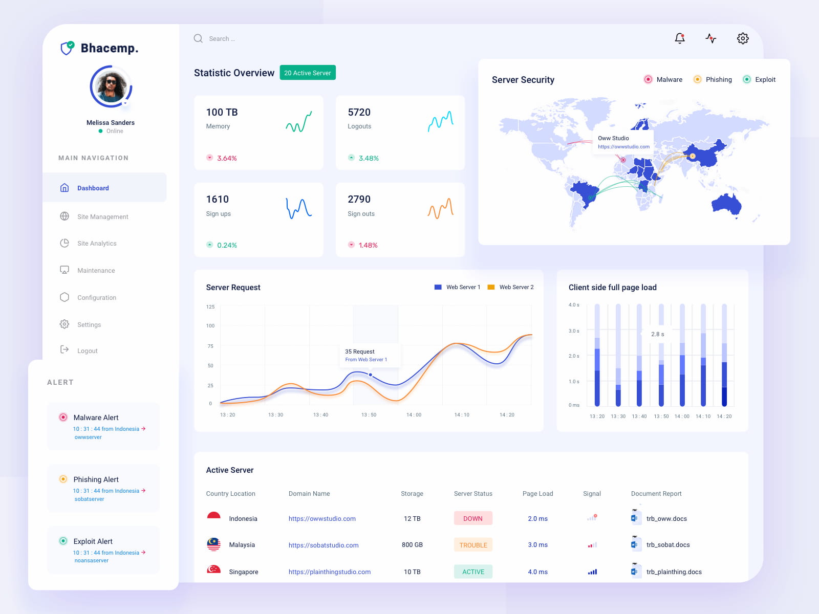 Server monitoring web application statistics